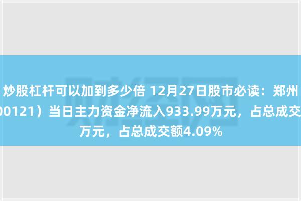 炒股杠杆可以加到多少倍 12月27日股市必读：郑州煤电（600121）当日主力资金净流入933.99万元，占总成交额4.09%